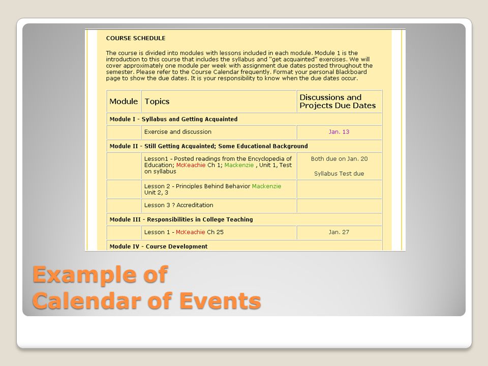 Example of Calendar of Events