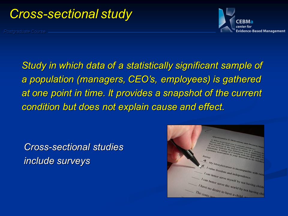 Cross-sectional study Study in which data of a statistically significant sample of a population (managers, CEOs, employees) is gathered at one point in time.