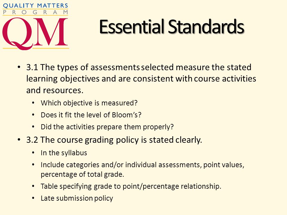 3.1 The types of assessments selected measure the stated learning objectives and are consistent with course activities and resources.