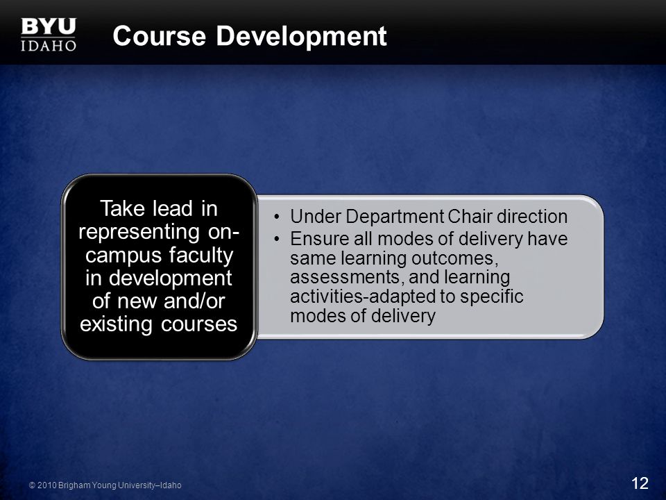 © 2010 Brigham Young University–Idaho Course Development Under Department Chair direction Ensure all modes of delivery have same learning outcomes, assessments, and learning activities-adapted to specific modes of delivery Take lead in representing on- campus faculty in development of new and/or existing courses 12