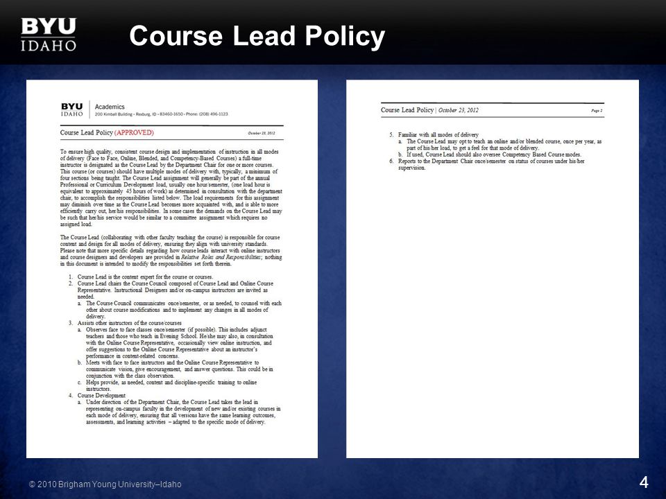 © 2010 Brigham Young University–Idaho Course Lead Policy 4