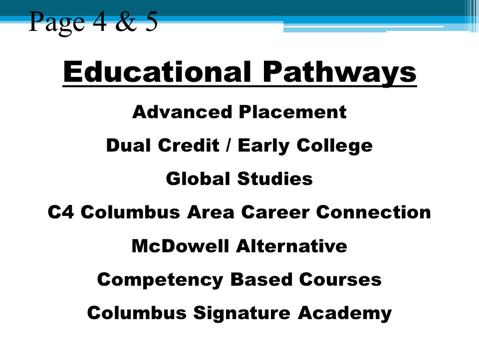 Educational Pathways Advanced Placement Dual Credit / Early College Global Studies C4 Columbus Area Career Connection McDowell Alternative Competency Based Courses Columbus Signature Academy Page 4 & 5