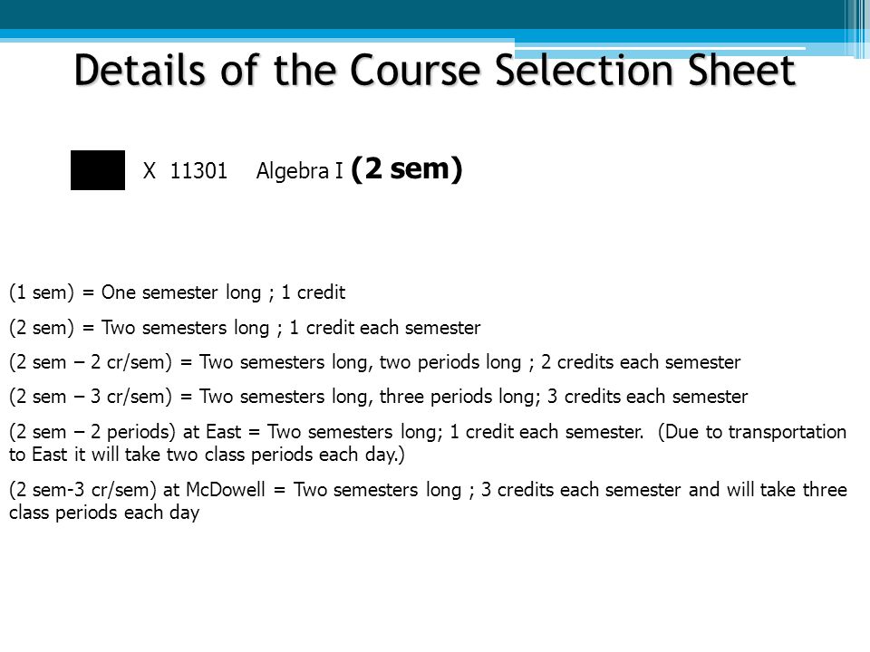 Details of the Course Selection Sheet X Algebra I (2 sem) This tells you details about the length of the course (1 sem) = One semester long ; 1 credit (2 sem) = Two semesters long ; 1 credit each semester (2 sem – 2 cr/sem) = Two semesters long, two periods long ; 2 credits each semester (2 sem – 3 cr/sem) = Two semesters long, three periods long; 3 credits each semester (2 sem – 2 periods) at East = Two semesters long; 1 credit each semester.