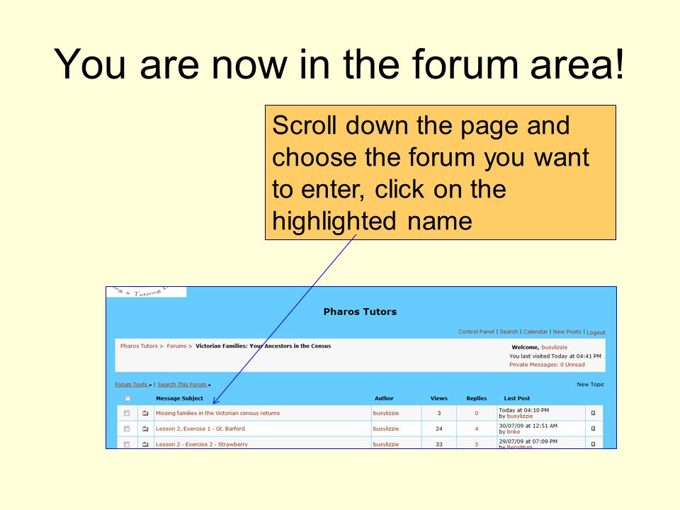 Scroll down the page and choose the forum you want to enter, click on the highlighted name You are now in the forum area!