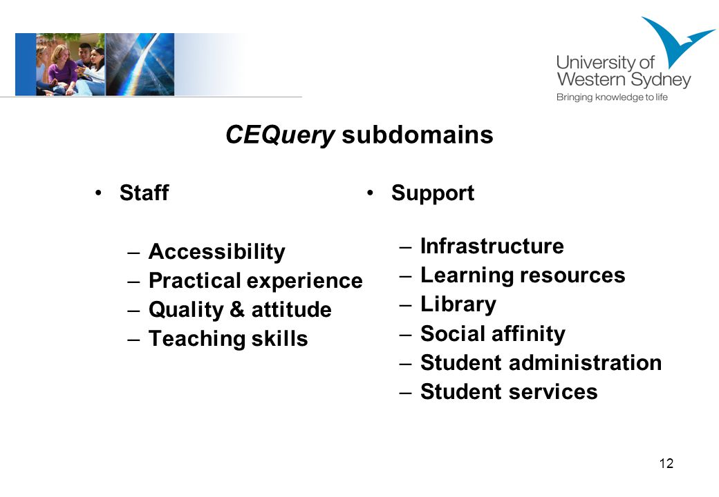 12 CEQuery subdomains Staff –Accessibility –Practical experience –Quality & attitude –Teaching skills Support –Infrastructure –Learning resources –Library –Social affinity –Student administration –Student services