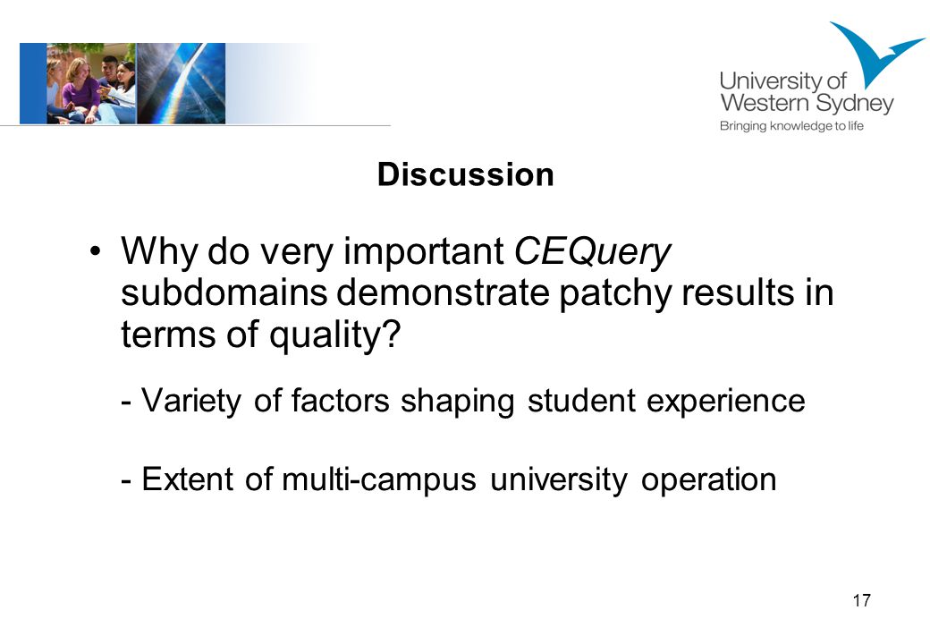 17 Discussion Why do very important CEQuery subdomains demonstrate patchy results in terms of quality.