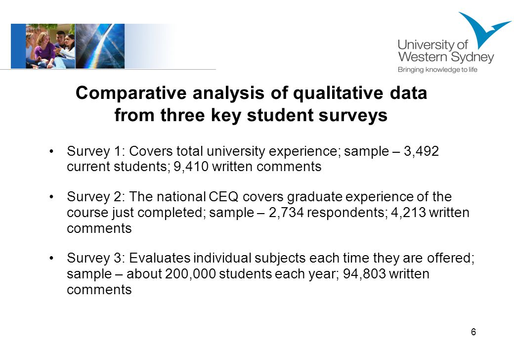 6 Comparative analysis of qualitative data from three key student surveys Survey 1: Covers total university experience; sample – 3,492 current students; 9,410 written comments Survey 2: The national CEQ covers graduate experience of the course just completed; sample – 2,734 respondents; 4,213 written comments Survey 3: Evaluates individual subjects each time they are offered; sample – about 200,000 students each year; 94,803 written comments