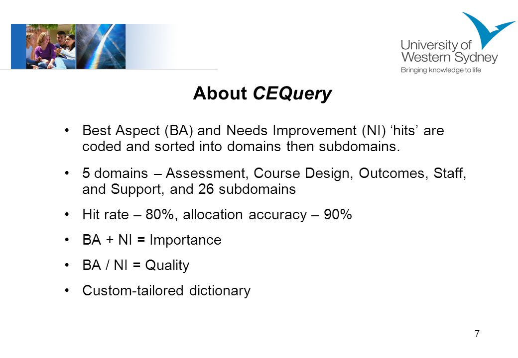 7 About CEQuery Best Aspect (BA) and Needs Improvement (NI) hits are coded and sorted into domains then subdomains.