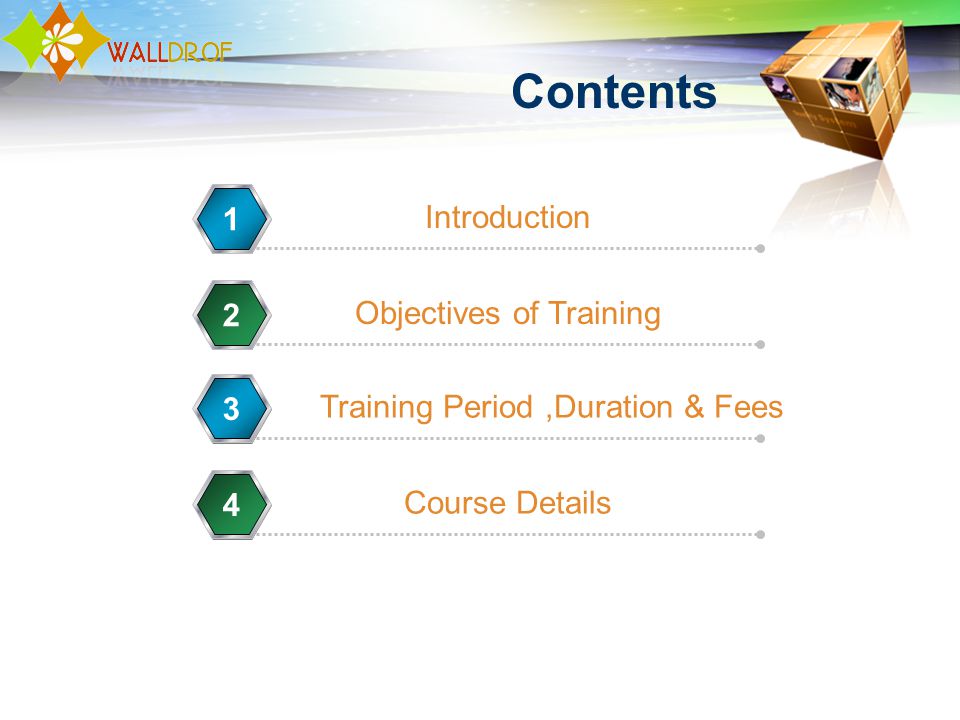 Contents Introduction 1 Objectives of Training 2 Training Period,Duration & Fees 3 Course Details 4