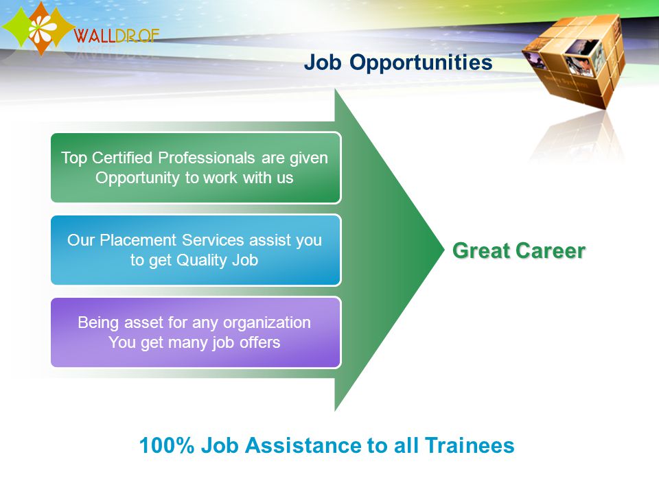 Job Opportunities Top Certified Professionals are given Opportunity to work with us Our Placement Services assist you to get Quality Job Being asset for any organization You get many job offers Great Career 100% Job Assistance to all Trainees