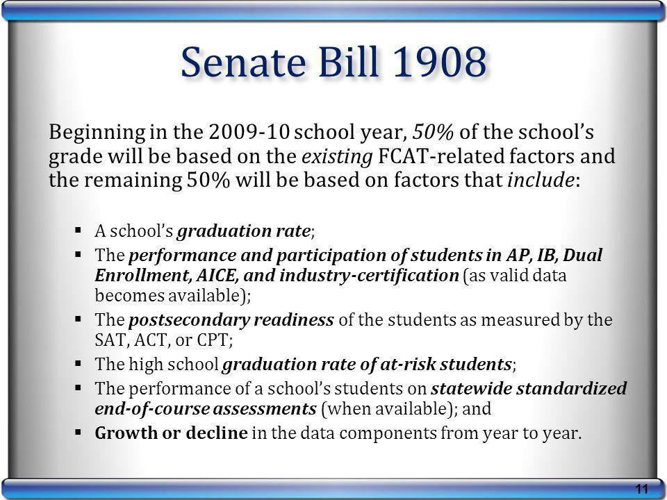 11 Senate Bill 1908 Beginning in the school year, 50% of the schools grade will be based on the existing FCAT-related factors and the remaining 50% will be based on factors that include: A schools graduation rate; The performance and participation of students in AP, IB, Dual Enrollment, AICE, and industry-certification (as valid data becomes available); The postsecondary readiness of the students as measured by the SAT, ACT, or CPT; The high school graduation rate of at-risk students; The performance of a schools students on statewide standardized end-of-course assessments (when available); and Growth or decline in the data components from year to year.