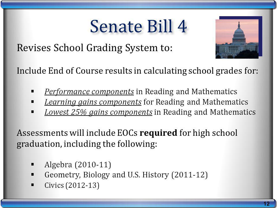 12 Revises School Grading System to: Include End of Course results in calculating school grades for: Performance components in Reading and Mathematics Learning gains components for Reading and Mathematics Lowest 25% gains components in Reading and Mathematics Assessments will include EOCs required for high school graduation, including the following: Algebra ( ) Geometry, Biology and U.S.