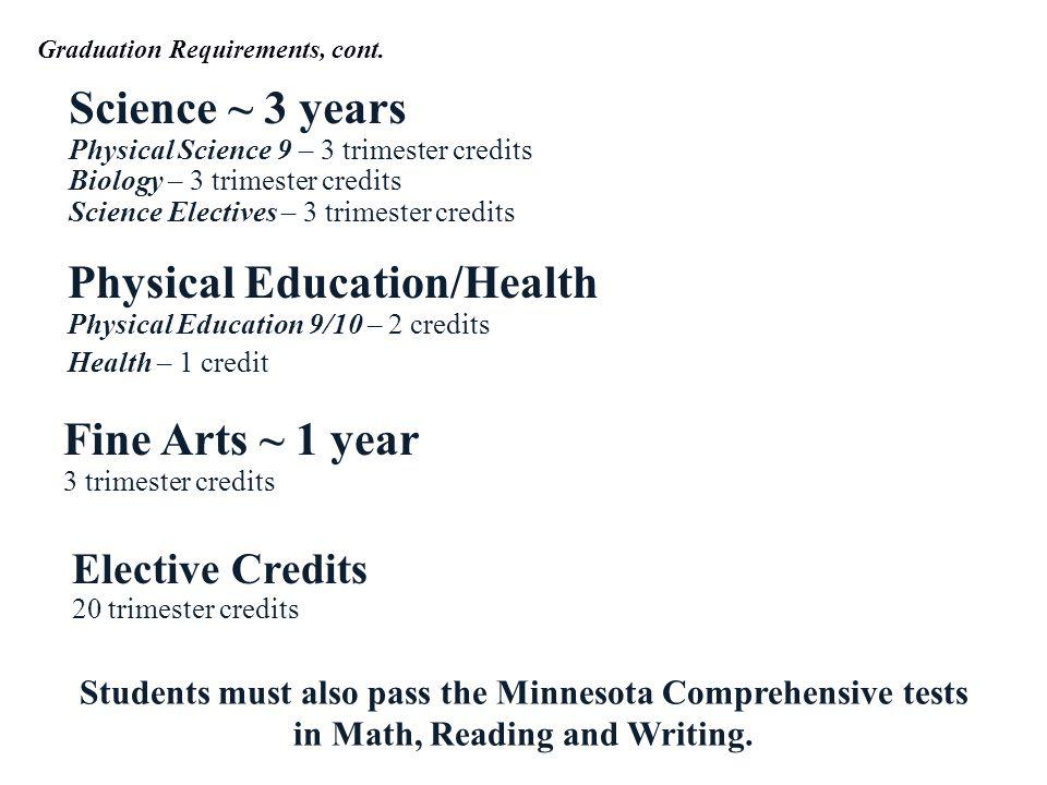 Science ~ 3 years Physical Science 9 – 3 trimester credits Biology – 3 trimester credits Science Electives – 3 trimester credits Physical Education/Health Physical Education 9/10 – 2 credits Health – 1 credit Fine Arts ~ 1 year 3 trimester credits Elective Credits 20 trimester credits Students must also pass the Minnesota Comprehensive tests in Math, Reading and Writing.