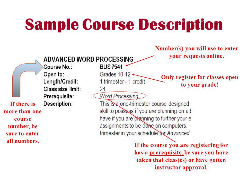 Sample Course Description Number(s) you will use to enter your requests online.