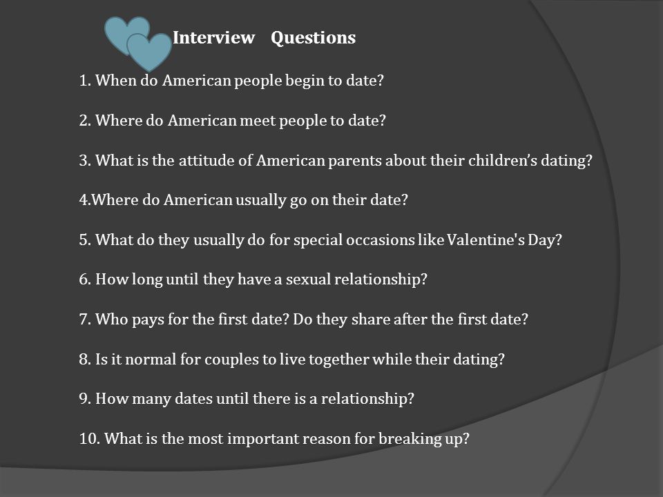 AMERICAN DATING Mariam & Anokina. 1. When do American people begin to date?  2. Where do American meet people to date? 3. What is the attitude of  American. - ppt download