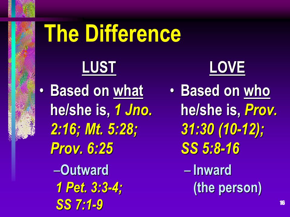 16 The Difference LUST Based on what he/she is, 1 Jno.