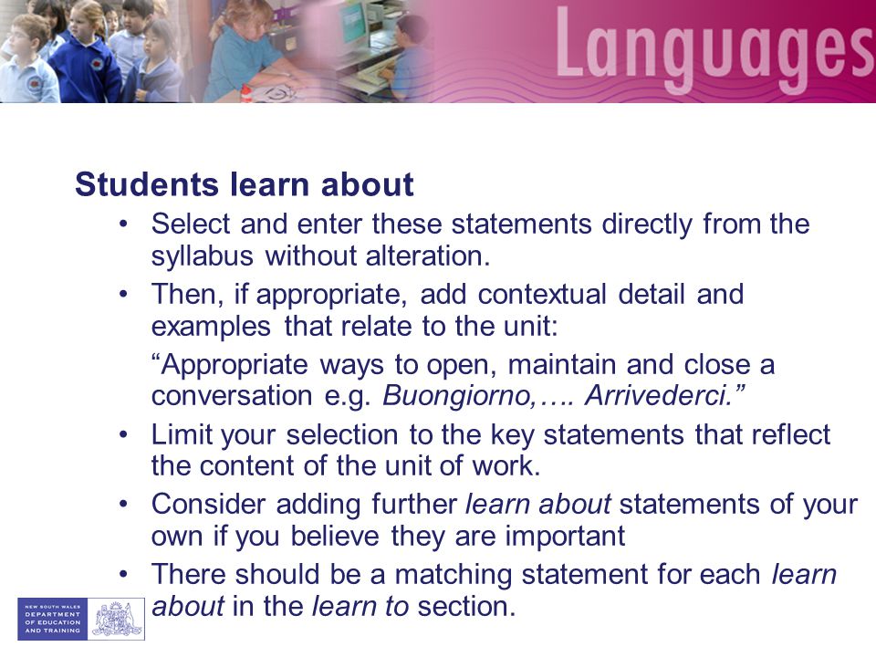 Students learn about Select and enter these statements directly from the syllabus without alteration.