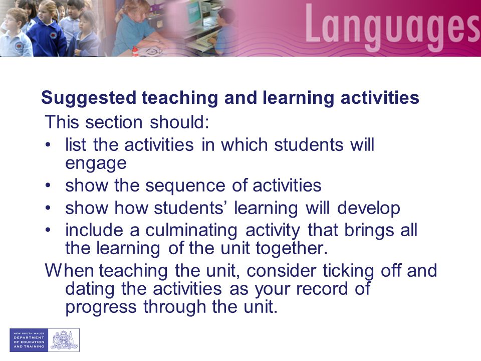 Suggested teaching and learning activities This section should: list the activities in which students will engage show the sequence of activities show how students learning will develop include a culminating activity that brings all the learning of the unit together.