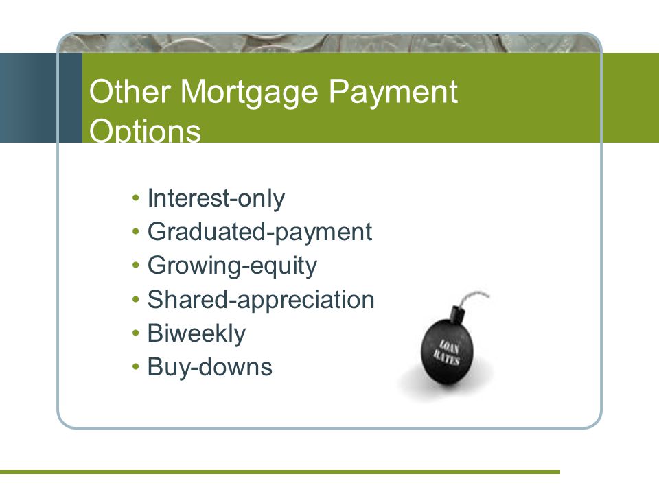 Interest-only Graduated-payment Growing-equity Shared-appreciation Biweekly Buy-downs Other Mortgage Payment Options
