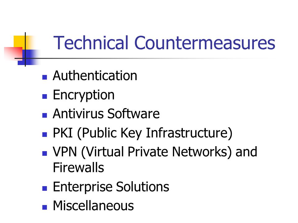 Authentication Encryption Antivirus Software PKI (Public Key Infrastructure) VPN (Virtual Private Networks) and Firewalls Enterprise Solutions Miscellaneous