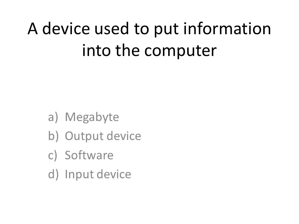 A device used to put information into the computer a)Megabyte b)Output device c)Software d)Input device