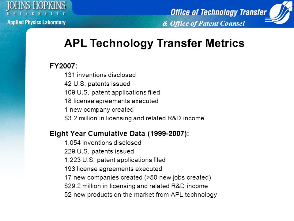 & Office of Patent Counsel FY2007: 131 inventions disclosed 42 U.S.