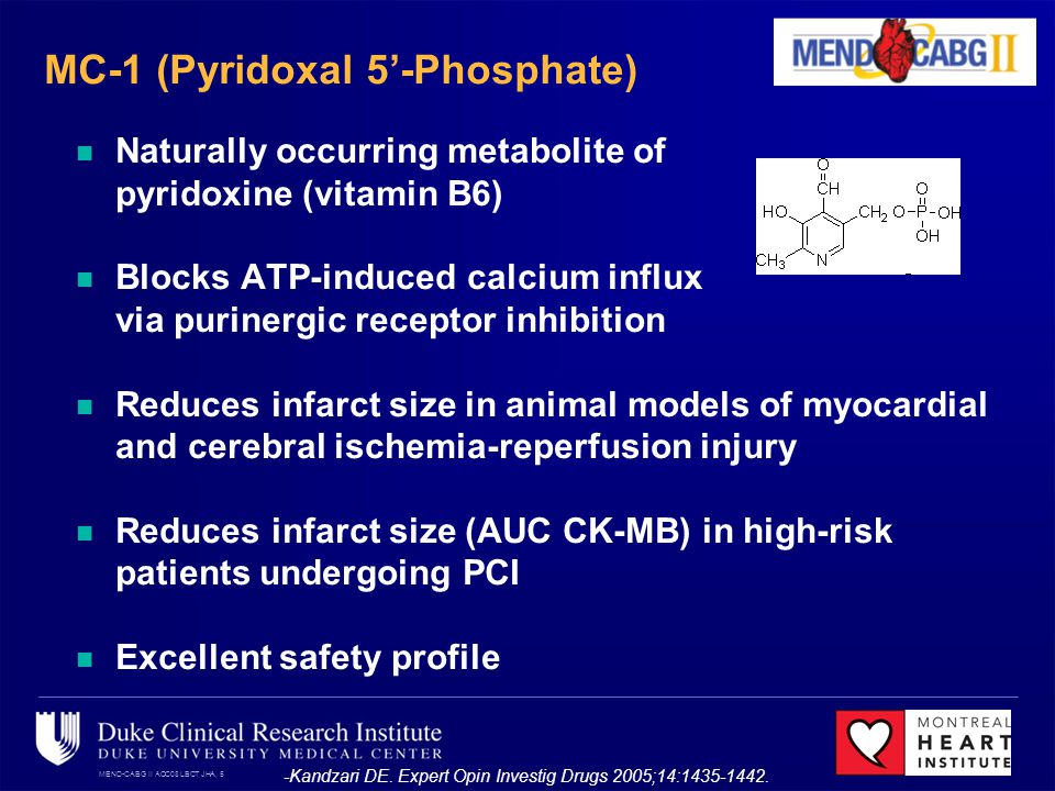 MEND-CABG II ACC08 LBCT JHA, 5 MC-1 (Pyridoxal 5-Phosphate) Naturally occurring metabolite of pyridoxine (vitamin B6) Blocks ATP-induced calcium influx via purinergic receptor inhibition Reduces infarct size in animal models of myocardial and cerebral ischemia-reperfusion injury Reduces infarct size (AUC CK-MB) in high-risk patients undergoing PCI Excellent safety profile -Kandzari DE.