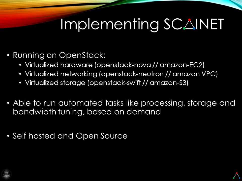 Implementing SC INET Running on OpenStack: Virtualized hardware (openstack-nova // amazon-EC2) Virtualized networking (openstack-neutron // amazon VPC) Virtualized storage (openstack-swift // amazon-S3) Able to run automated tasks like processing, storage and bandwidth tuning, based on demand Self hosted and Open Source