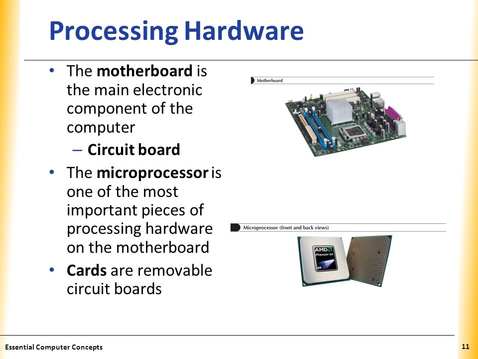 XP Processing Hardware The motherboard is the main electronic component of the computer – Circuit board The microprocessor is one of the most important pieces of processing hardware on the motherboard Cards are removable circuit boards 11 Essential Computer Concepts