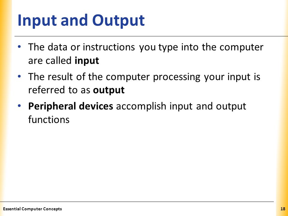XP Input and Output The data or instructions you type into the computer are called input The result of the computer processing your input is referred to as output Peripheral devices accomplish input and output functions 18Essential Computer Concepts