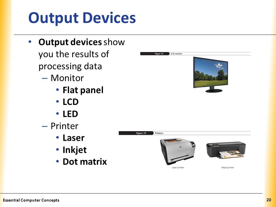 XP Output Devices Output devices show you the results of processing data – Monitor Flat panel LCD LED – Printer Laser Inkjet Dot matrix 20 Essential Computer Concepts