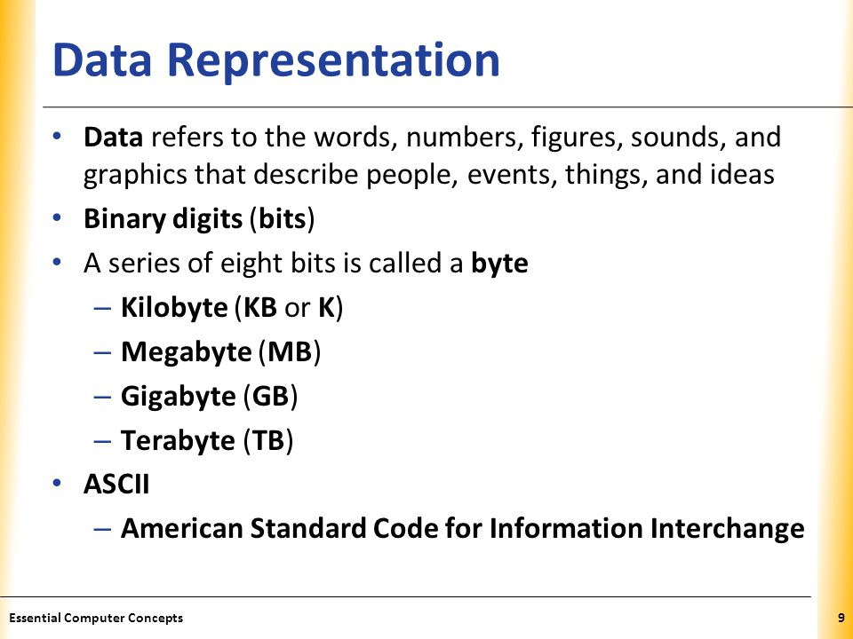 XP Data Representation Data refers to the words, numbers, figures, sounds, and graphics that describe people, events, things, and ideas Binary digits (bits) A series of eight bits is called a byte – Kilobyte (KB or K) – Megabyte (MB) – Gigabyte (GB) – Terabyte (TB) ASCII – American Standard Code for Information Interchange 9Essential Computer Concepts
