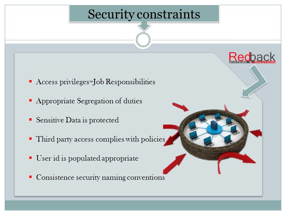 Access privileges=Job Responsibilities Appropriate Segregation of duties Sensitive Data is protected Third party access complies with policies User id is populated appropriate Consistence security naming conventions Access privileges=Job Responsibilities Appropriate Segregation of duties Sensitive Data is protected Third party access complies with policies User id is populated appropriate Consistence security naming conventions NetPay Security constraints