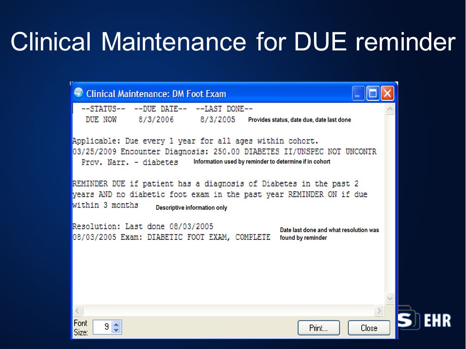 Clinical Maintenance for DUE reminder