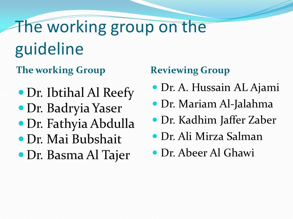 The working group on the guideline The working Group Reviewing Group Dr.