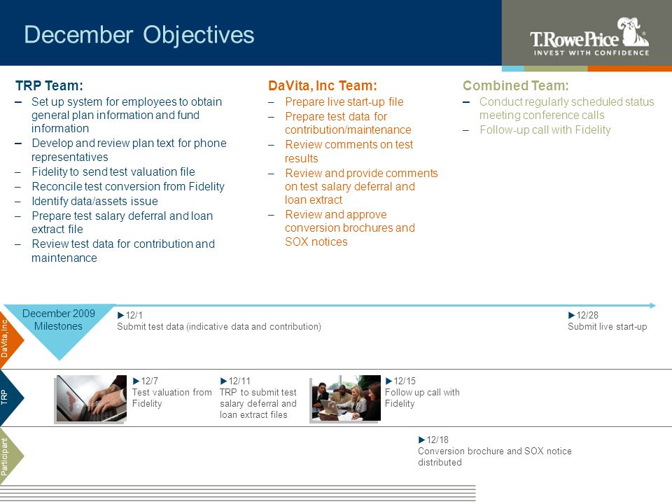 DaVita, Inc TRP Participant TRP Team: – Set up system for employees to obtain general plan information and fund information – Develop and review plan text for phone representatives –Fidelity to send test valuation file –Reconcile test conversion from Fidelity –Identify data/assets issue –Prepare test salary deferral and loan extract file –Review test data for contribution and maintenance December Objectives Combined Team: – Conduct regularly scheduled status meeting conference calls –Follow-up call with Fidelity DaVita, Inc Team: –Prepare live start-up file –Prepare test data for contribution/maintenance –Review comments on test results –Review and provide comments on test salary deferral and loan extract –Review and approve conversion brochures and SOX notices December 2009 Milestones 12/28 Submit live start-up 12/15 Follow up call with Fidelity 12/18 Conversion brochure and SOX notice distributed 12/1 Submit test data (indicative data and contribution) 12/7 Test valuation from Fidelity 12/11 TRP to submit test salary deferral and loan extract files