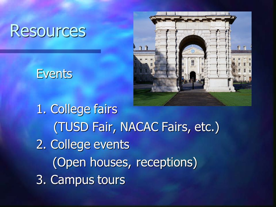 Resources Events 1. College fairs (TUSD Fair, NACAC Fairs, etc.) 2.