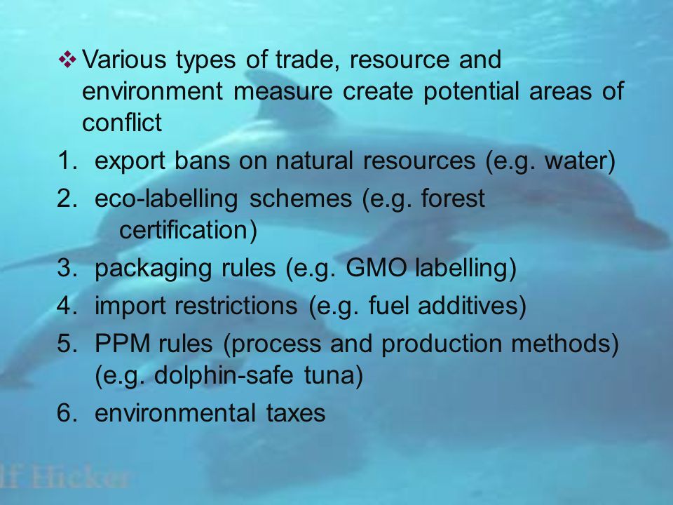 Various types of trade, resource and environment measure create potential areas of conflict 1.export bans on natural resources (e.g.