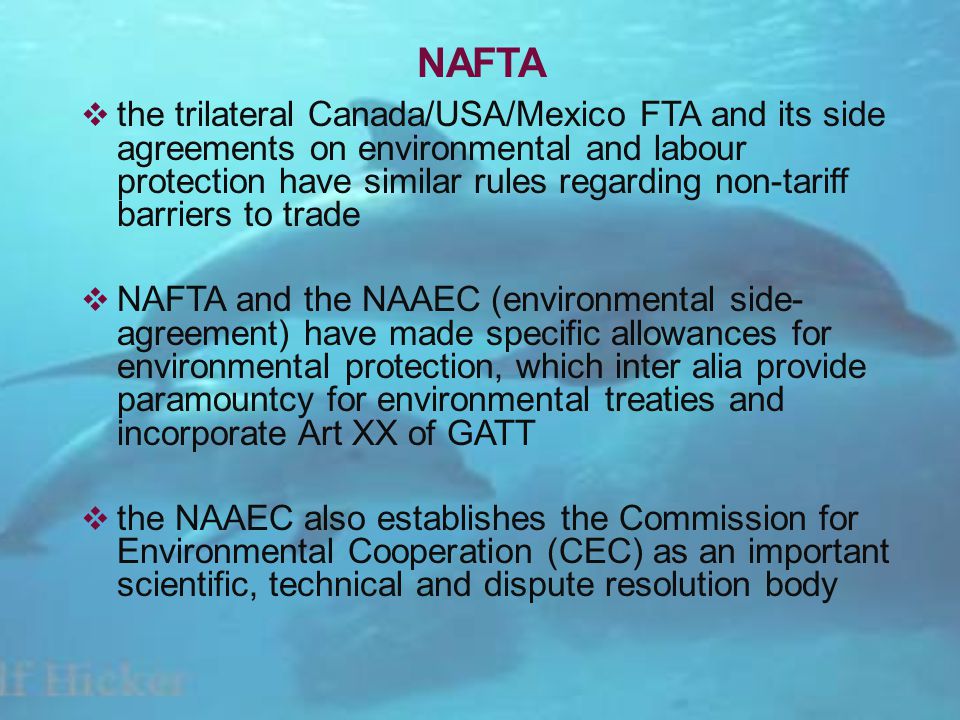 NAFTA the trilateral Canada/USA/Mexico FTA and its side agreements on environmental and labour protection have similar rules regarding non-tariff barriers to trade NAFTA and the NAAEC (environmental side- agreement) have made specific allowances for environmental protection, which inter alia provide paramountcy for environmental treaties and incorporate Art XX of GATT the NAAEC also establishes the Commission for Environmental Cooperation (CEC) as an important scientific, technical and dispute resolution body