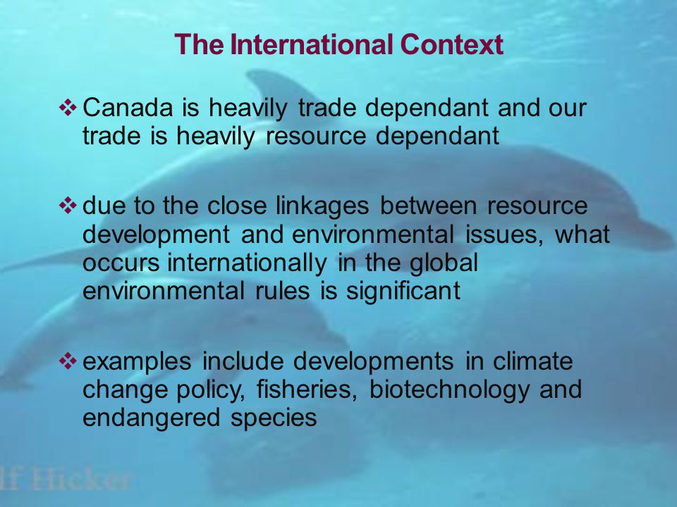 The International Context Canada is heavily trade dependant and our trade is heavily resource dependant due to the close linkages between resource development and environmental issues, what occurs internationally in the global environmental rules is significant examples include developments in climate change policy, fisheries, biotechnology and endangered species