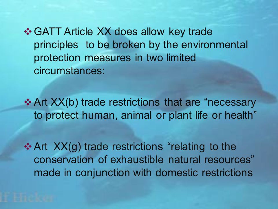 GATT Article XX does allow key trade principles to be broken by the environmental protection measures in two limited circumstances: Art XX(b) trade restrictions that are necessary to protect human, animal or plant life or health Art XX(g) trade restrictions relating to the conservation of exhaustible natural resources made in conjunction with domestic restrictions