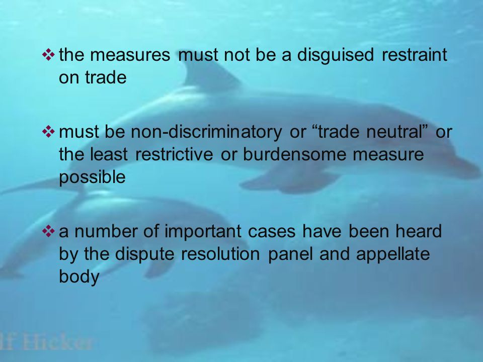 the measures must not be a disguised restraint on trade must be non-discriminatory or trade neutral or the least restrictive or burdensome measure possible a number of important cases have been heard by the dispute resolution panel and appellate body