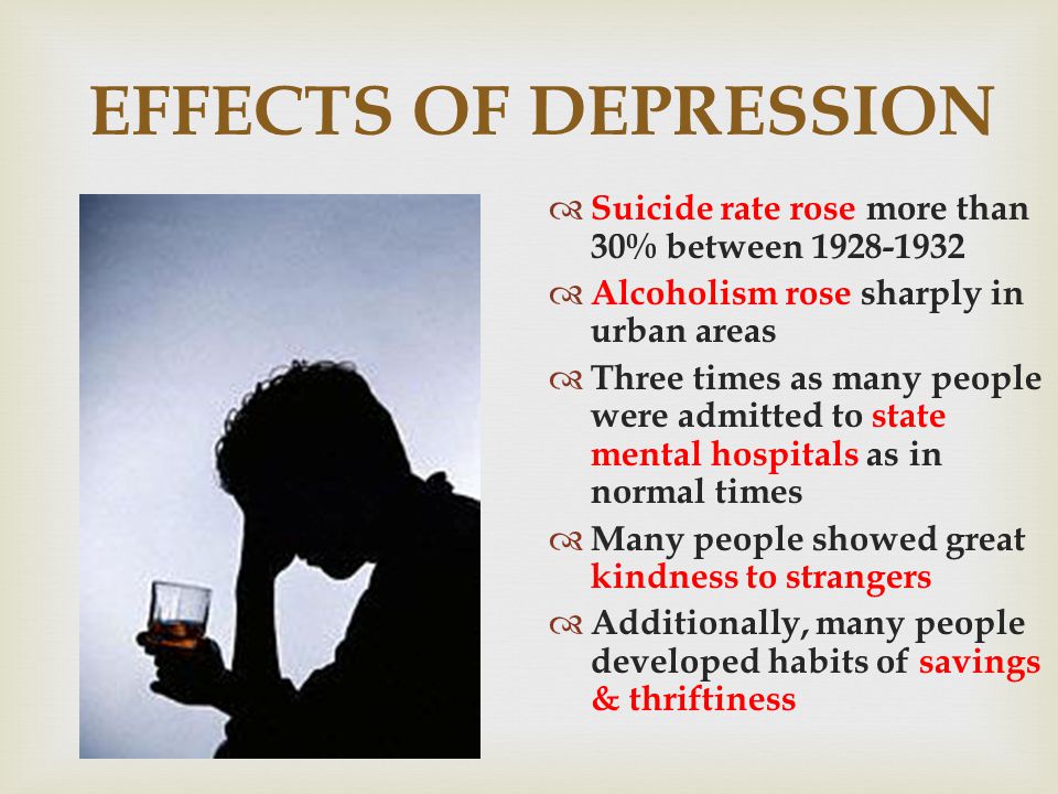 EFFECTS OF DEPRESSION Suicide rate rose more than 30% between Alcoholism rose sharply in urban areas Three times as many people were admitted to state mental hospitals as in normal times Many people showed great kindness to strangers Additionally, many people developed habits of savings & thriftiness