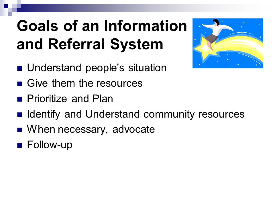 Goals of an Information and Referral System Understand peoples situation Give them the resources Prioritize and Plan Identify and Understand community resources When necessary, advocate Follow-up