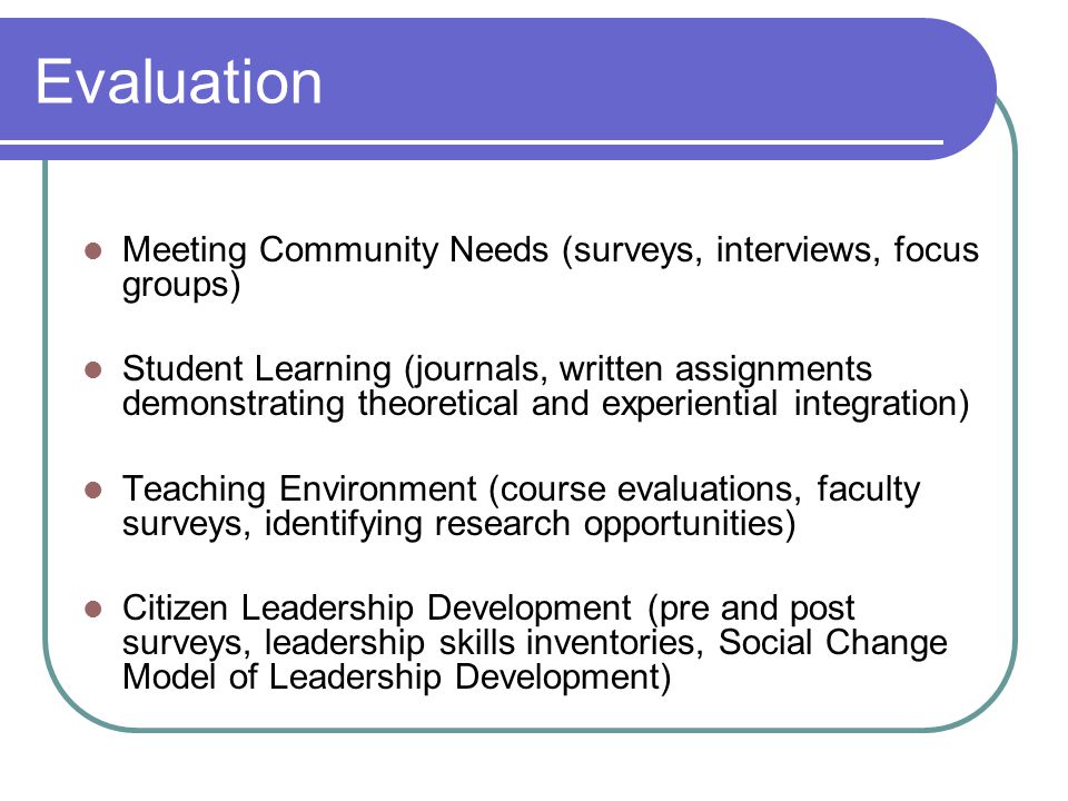 Evaluation Meeting Community Needs (surveys, interviews, focus groups) Student Learning (journals, written assignments demonstrating theoretical and experiential integration) Teaching Environment (course evaluations, faculty surveys, identifying research opportunities) Citizen Leadership Development (pre and post surveys, leadership skills inventories, Social Change Model of Leadership Development)