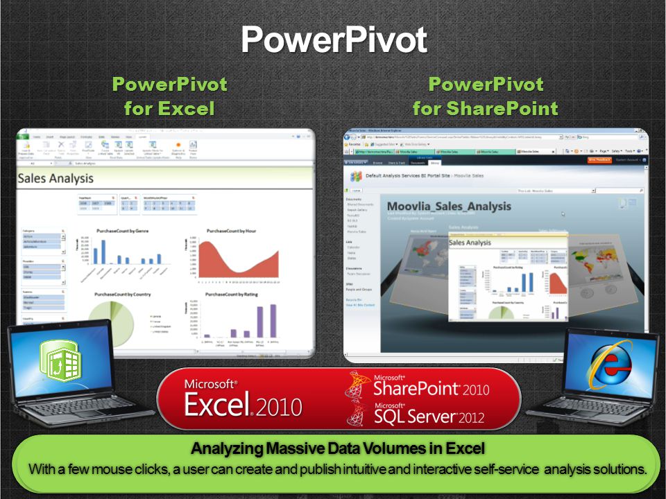 PowerPivot Analyzing Massive Data Volumes in Excel With a few mouse clicks, a user can create and publish intuitive and interactive self-service analysis solutions.