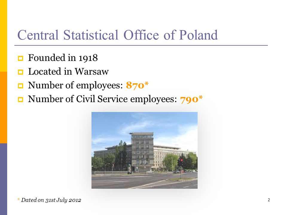 Central Statistical Office of Poland Founded in 1918 Located in Warsaw Number of employees: 870* Number of Civil Service employees: 790* * Dated on 31st July