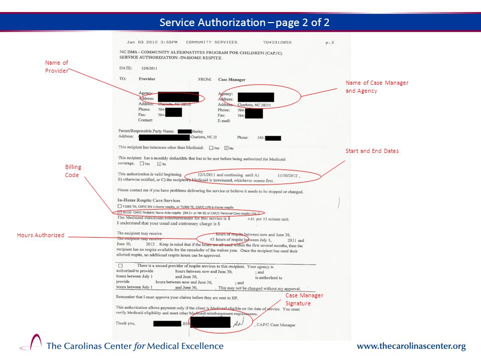 Hours Authorized Case Manager Signature Service Authorization – page 2 of 2 Start and End Dates Name of Provider Name of Case Manager and Agency Billing Code