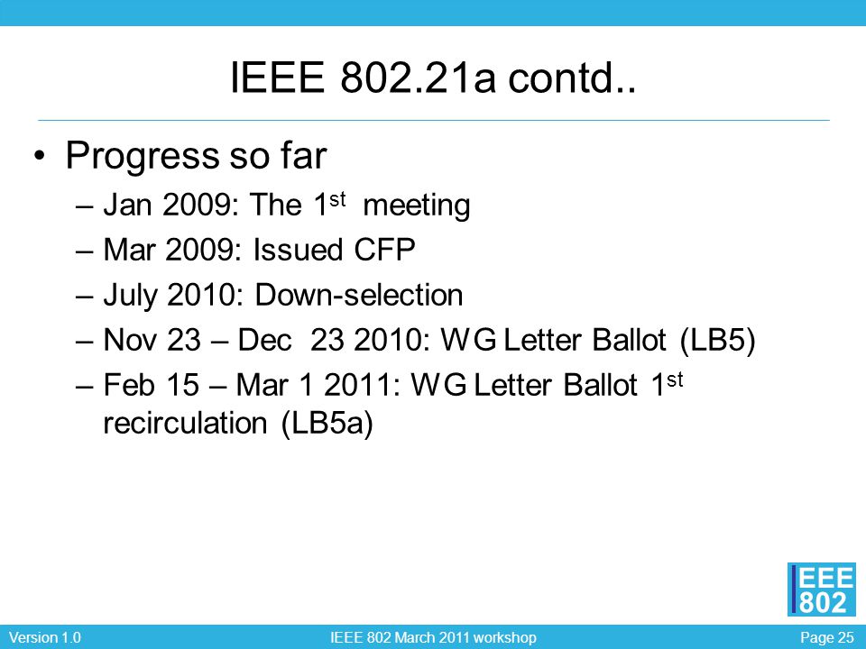 Page 25Version 1.0 IEEE 802 March 2011 workshop EEE 802 IEEE a contd..