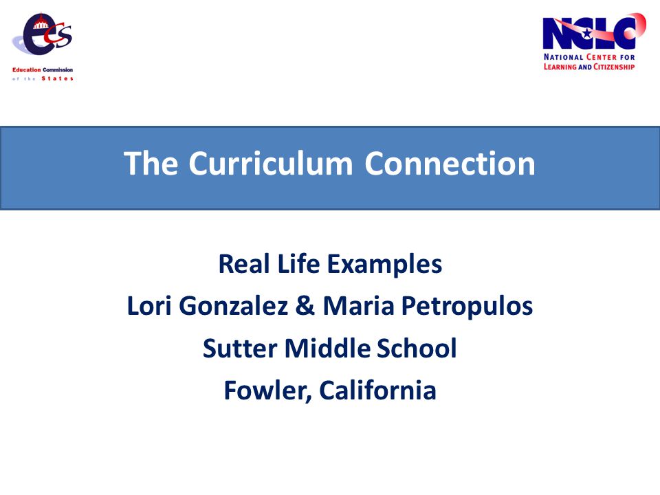 The Curriculum Connection Real Life Examples Lori Gonzalez & Maria Petropulos Sutter Middle School Fowler, California